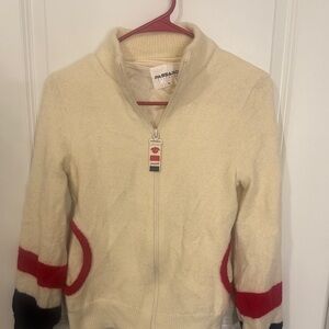 Women's Cream Varsity Jacket with Red and Black Details, 82% Wool